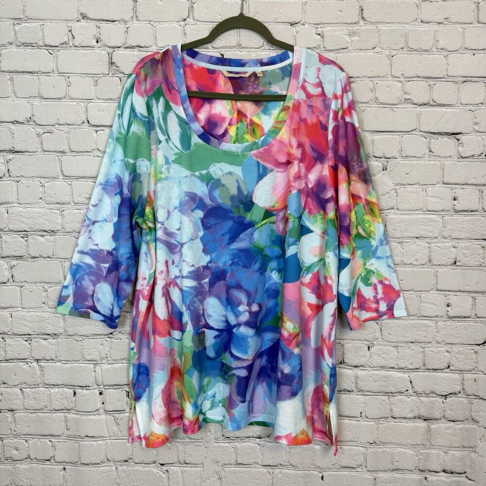 Soft Surroundings Watercolor Knit Tunic Top Scoop Neck 3/4 Sleeves Women 2X